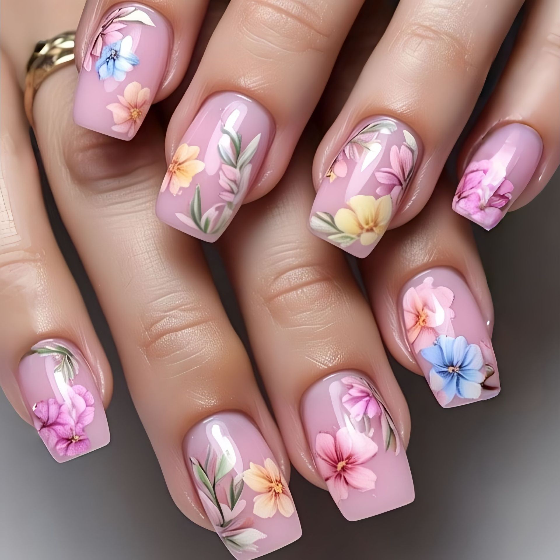 Pressed Flower Art - أظافر صناعية متوسطة الحجم للنساء والفتيات