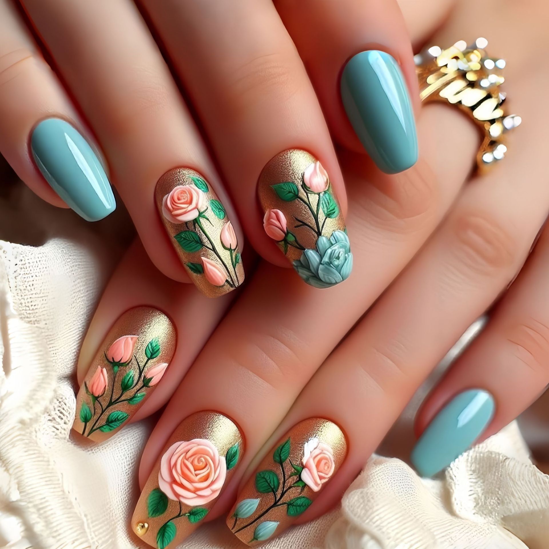 Pressed Flower Art - أظافر صناعية متوسطة الحجم للنساء والفتيات